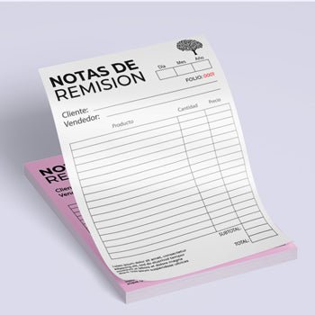 Notas de remisión impresas con papel autocopiante y folio desde 250 piezas. Elige hasta 3 copias en diferentes colores.